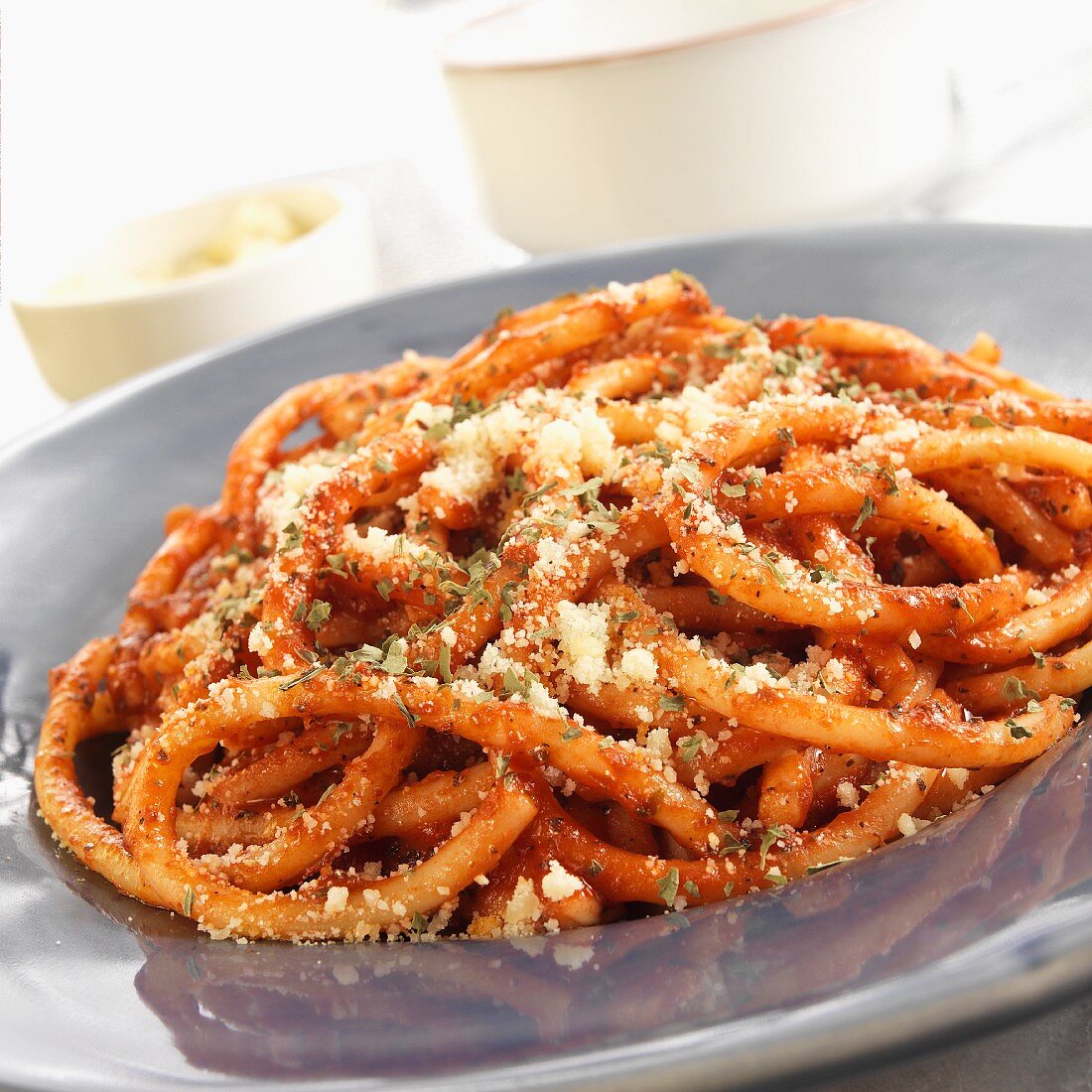 Spaghettoni pasta in a marinara sauce with parmesan cheese and herbs