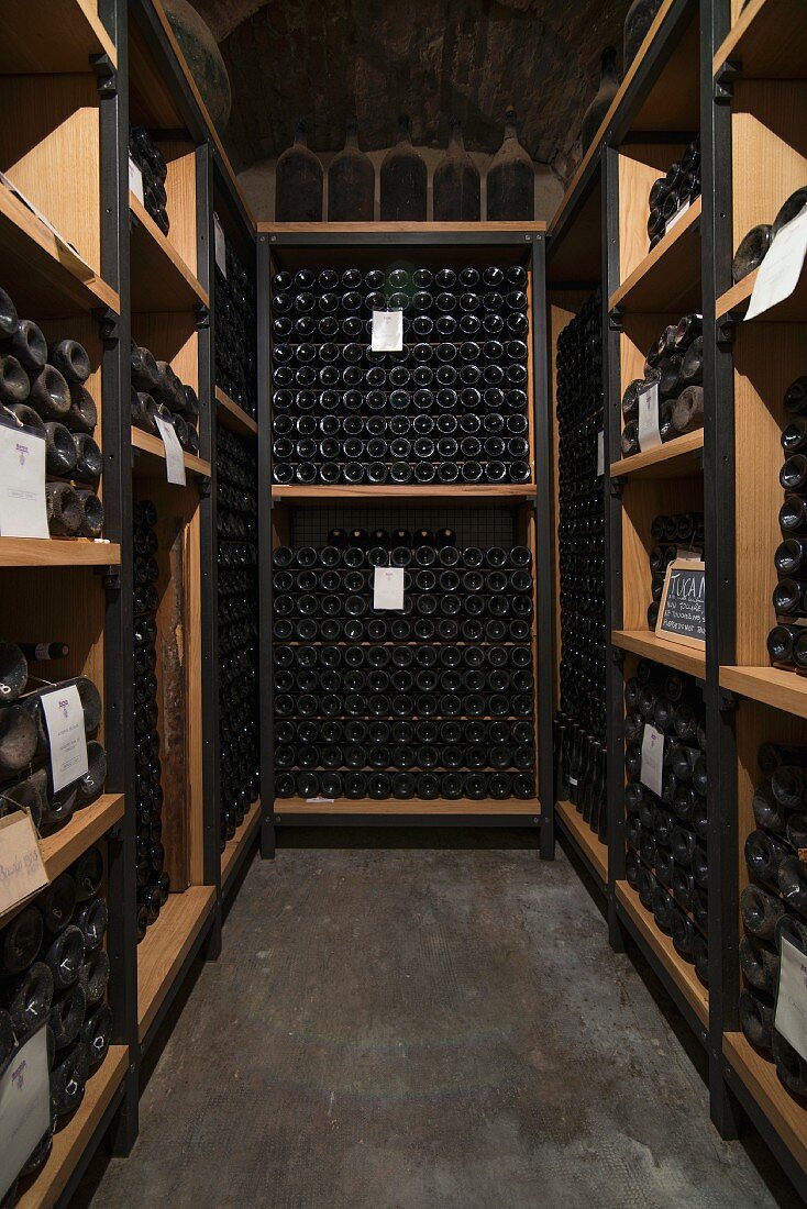 Weinflaschen altern im Keller
