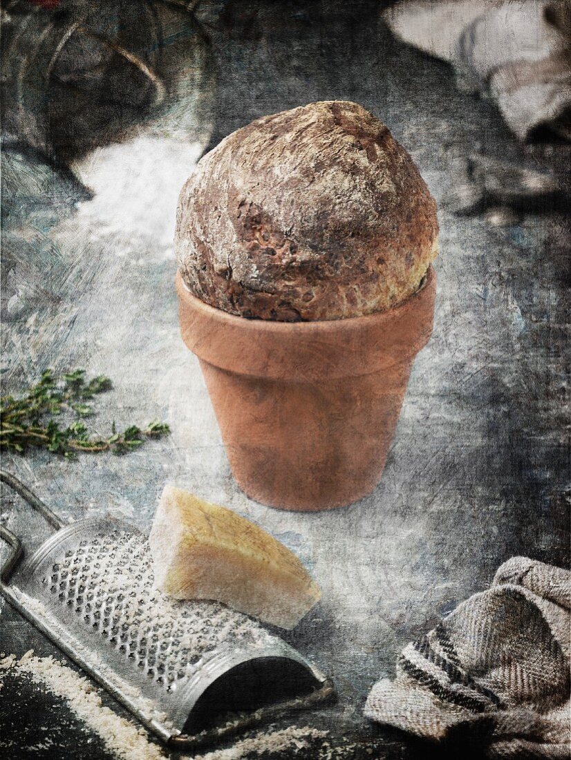 Bread in a terracotta pot and a piece of Parmesan with a cheese grater