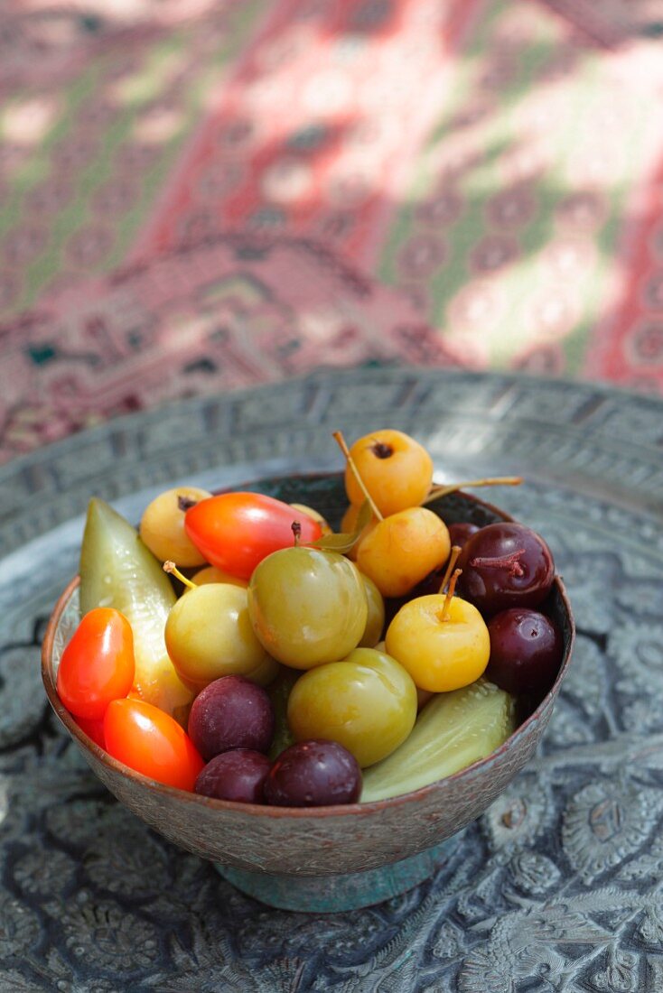 A bowl of colourful, exotic fruits