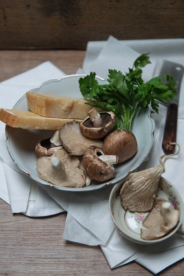 An arrangement of ingredients with mushrooms, oyster mushrooms, Parmesan cheese and parsley