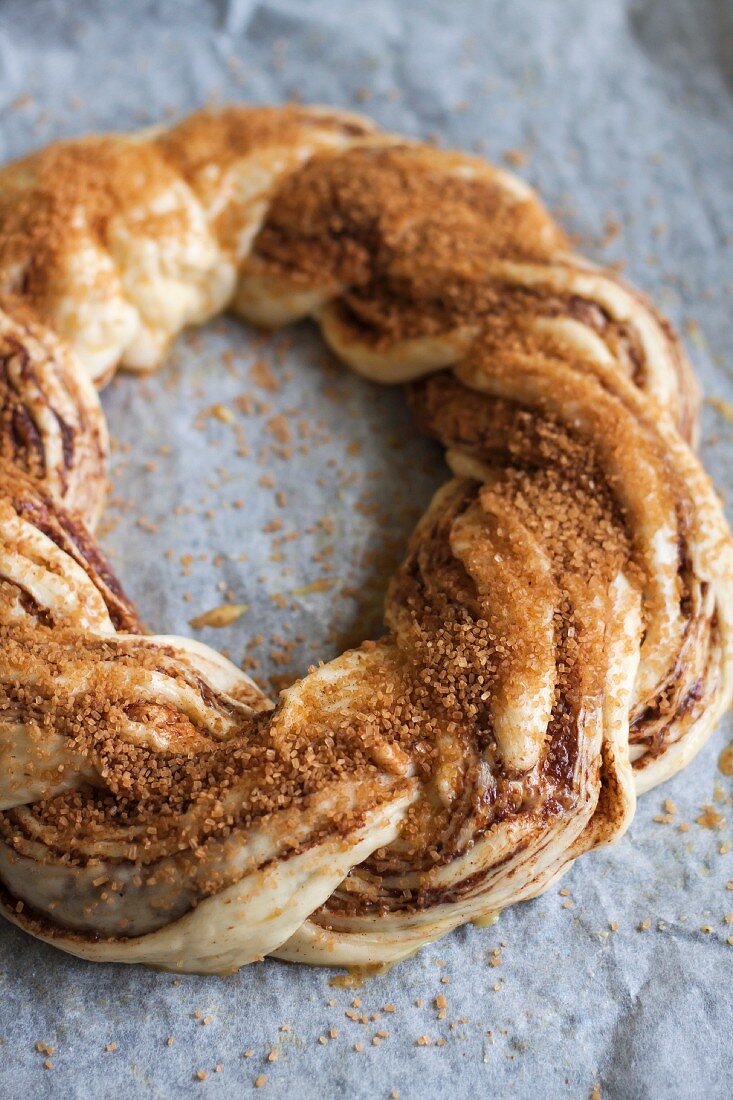 An unbaked cinnamon bread wreath