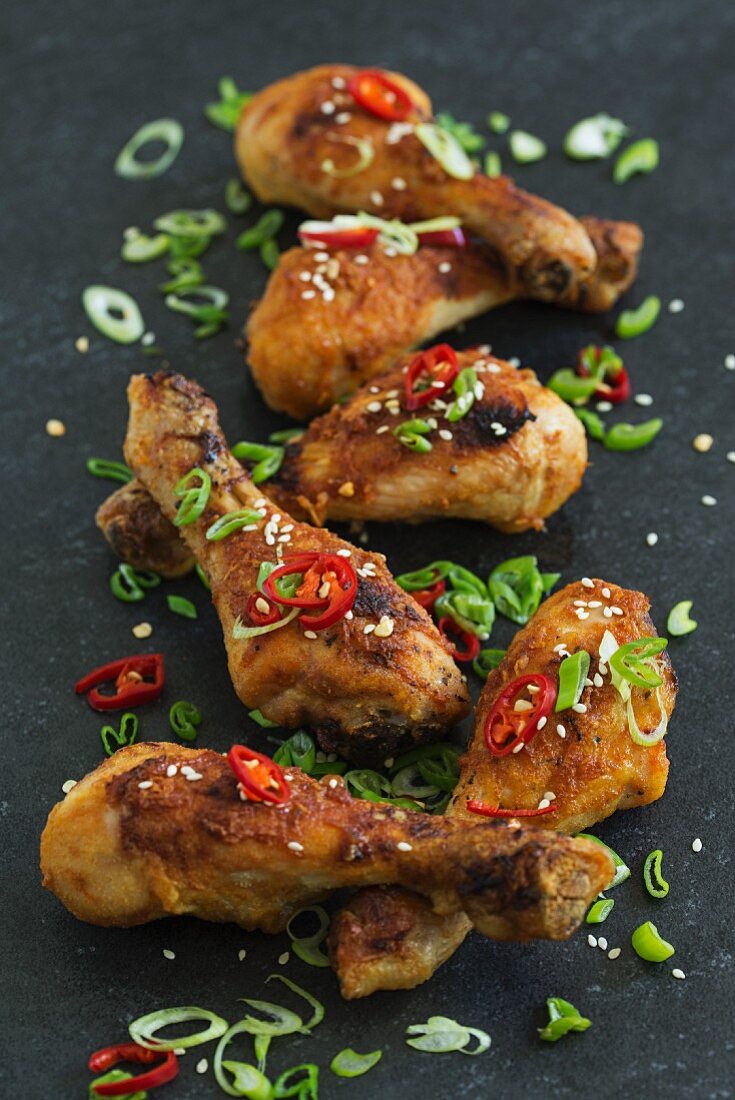 Chicken drumsticks with chilli and spring onions