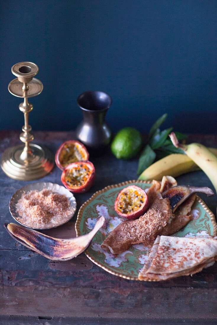 Crepes with grilled passion fruit, bananas and roasted, grated coconut