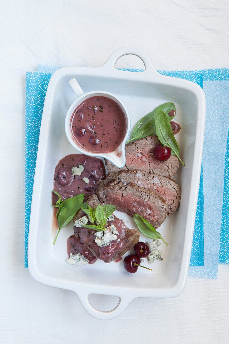 Beef fillet with blue cheese and cherry port sauce