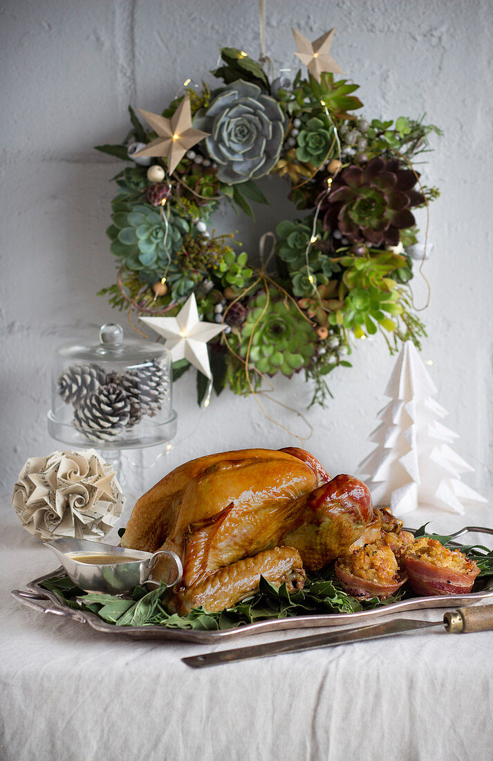French-roast turkey with sage, pear and bulgur wheat stuffing