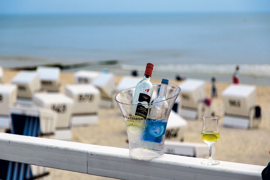 White wine in a cooler on the beach at Westerland
