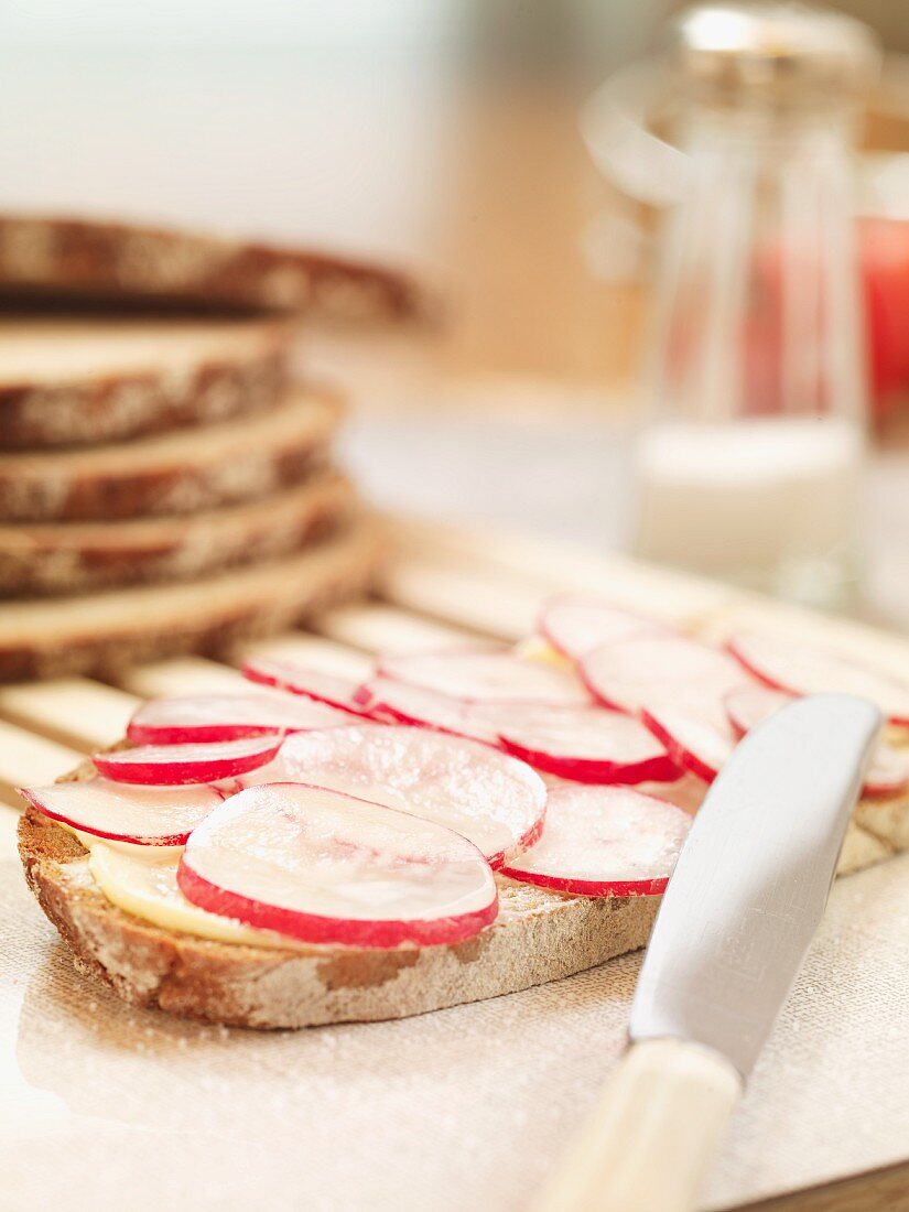 A slice of bread topped with sliced radishes