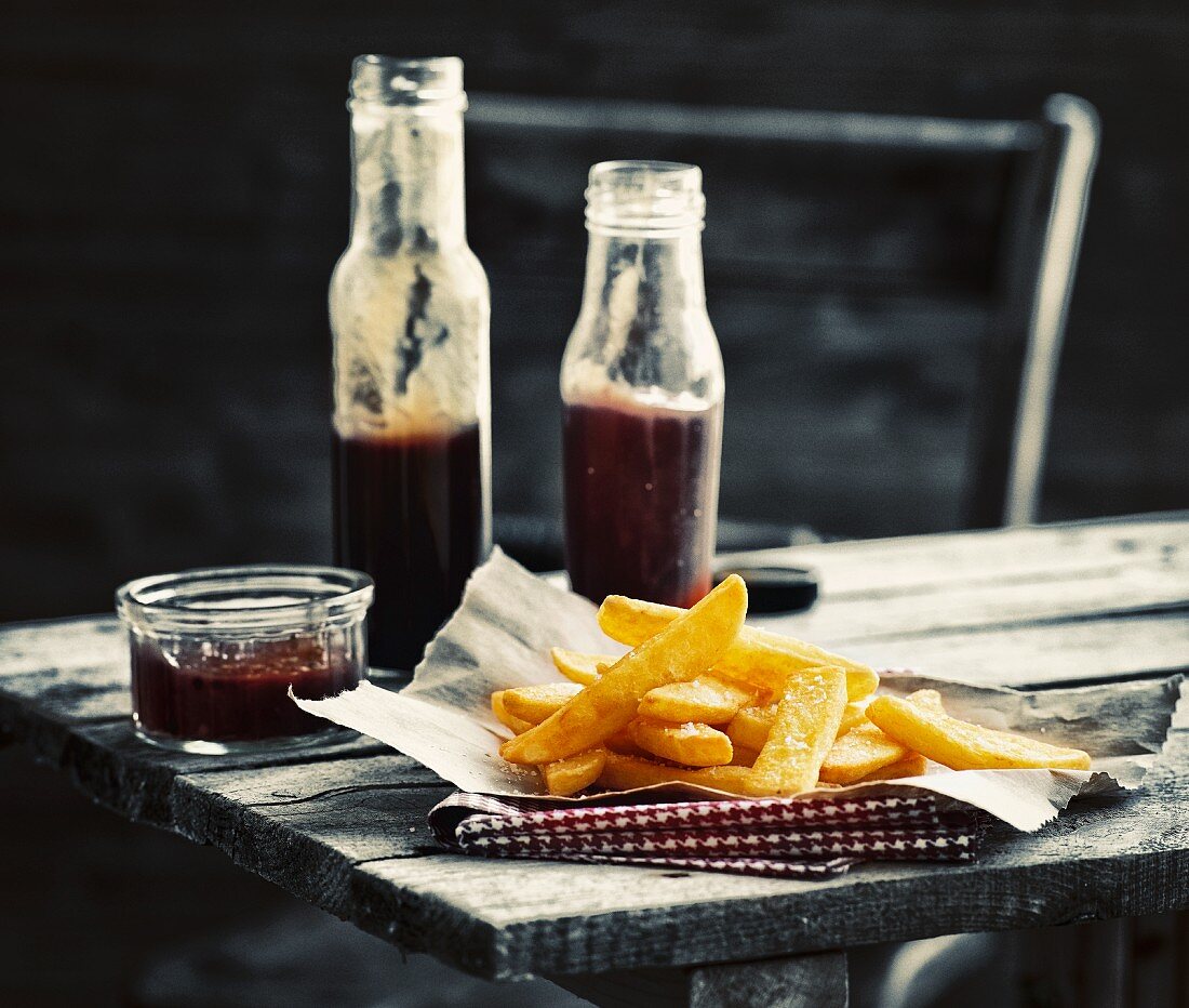 Steakhouse chips with sauce on a rustic wooden table