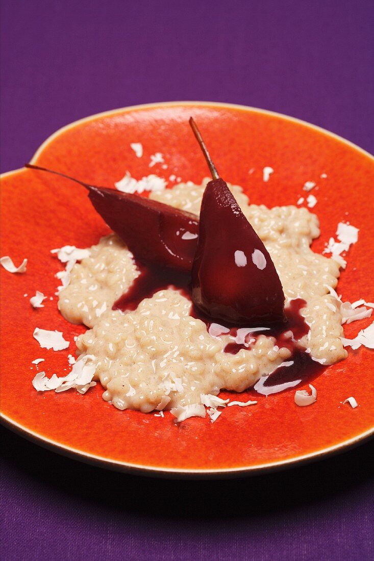 Cinnamon risotto with pears poached in red wine