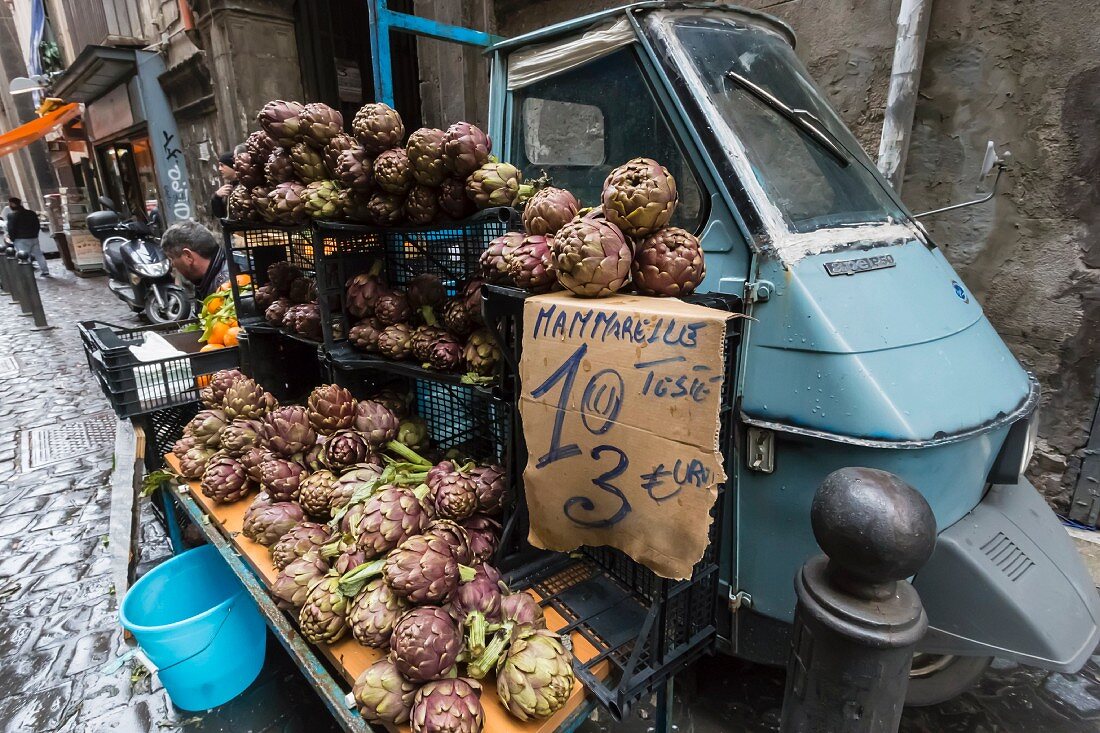 Artichokes being sold on the streets of the historic old town in Naples (Italy)