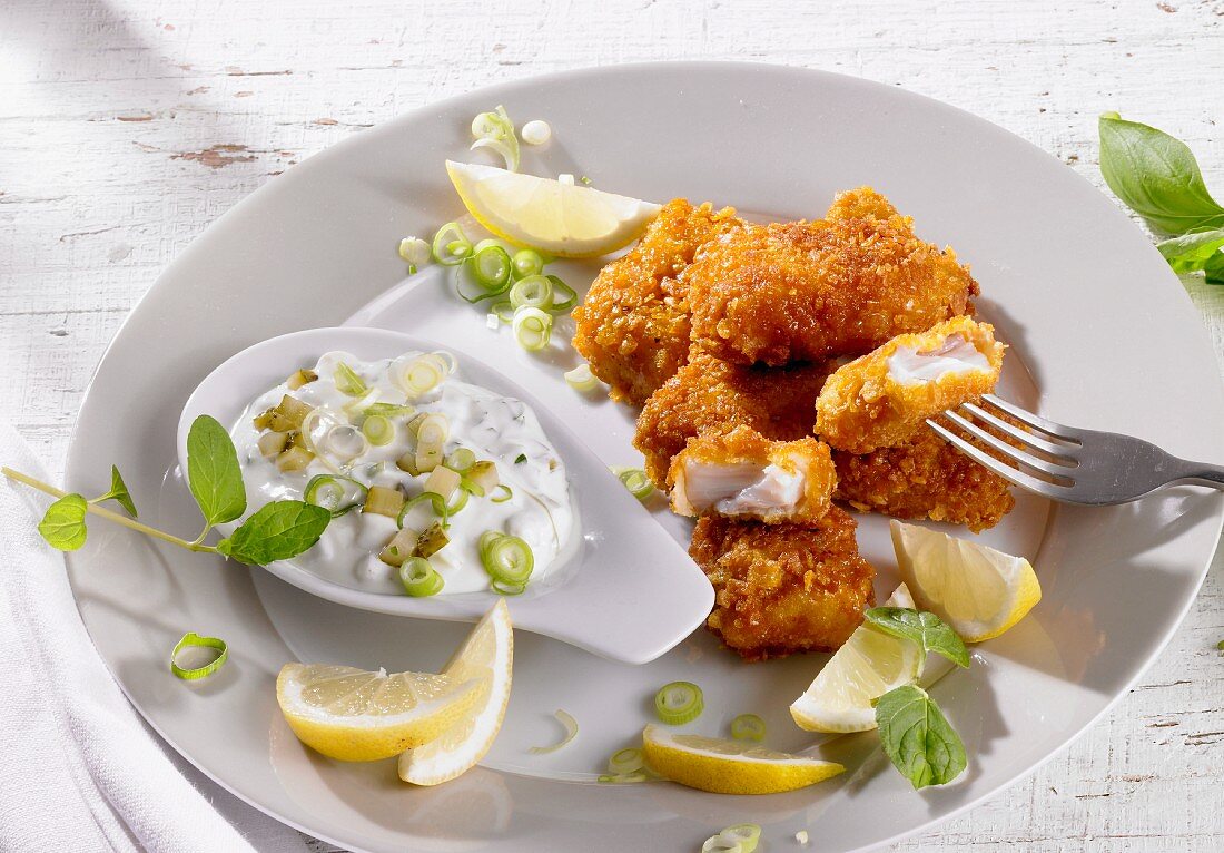 Popcorn Grouper Nuggets with Dipping Sauce; Take Out Box