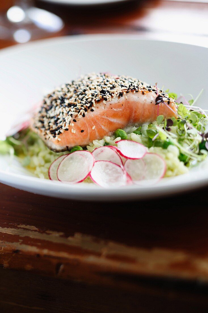 Salmon with a sesame seed crust on a cress salad with radishes