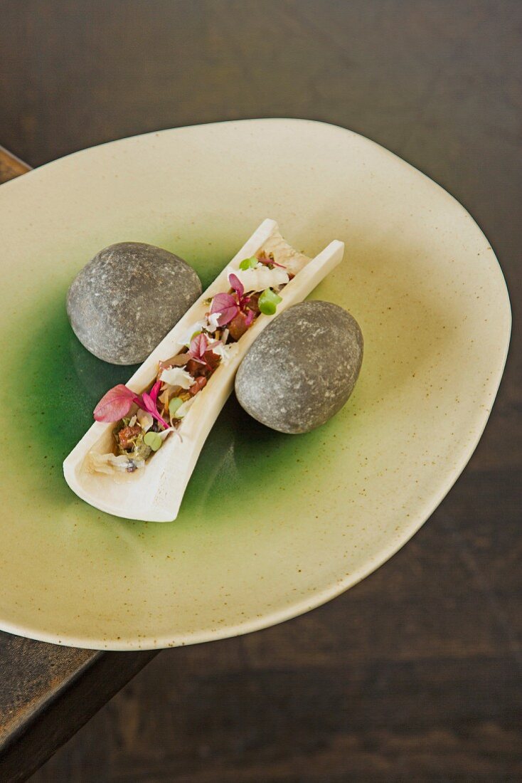 Blackmore Wagyu served in a leg bone, Vue de Monde Restaurant, wine cellar, Melbourne, Australia