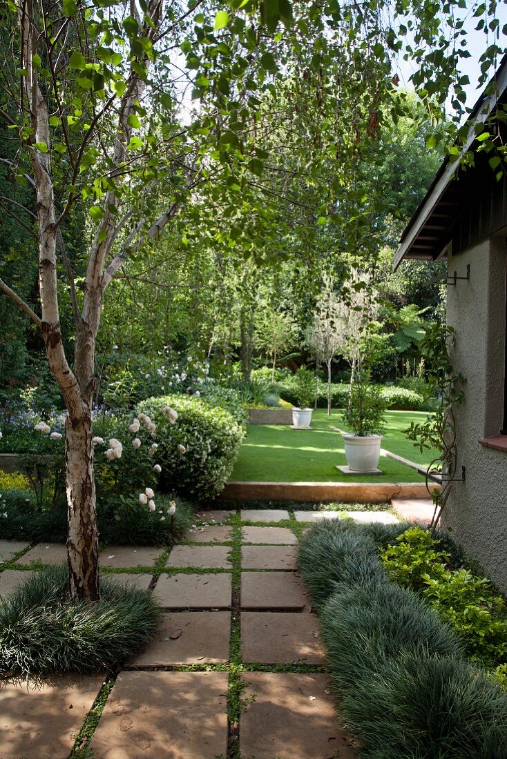 View along paved path into garden