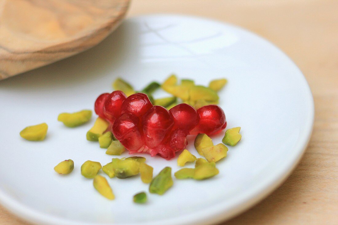 Pomegranate seeds and chopped pistachios