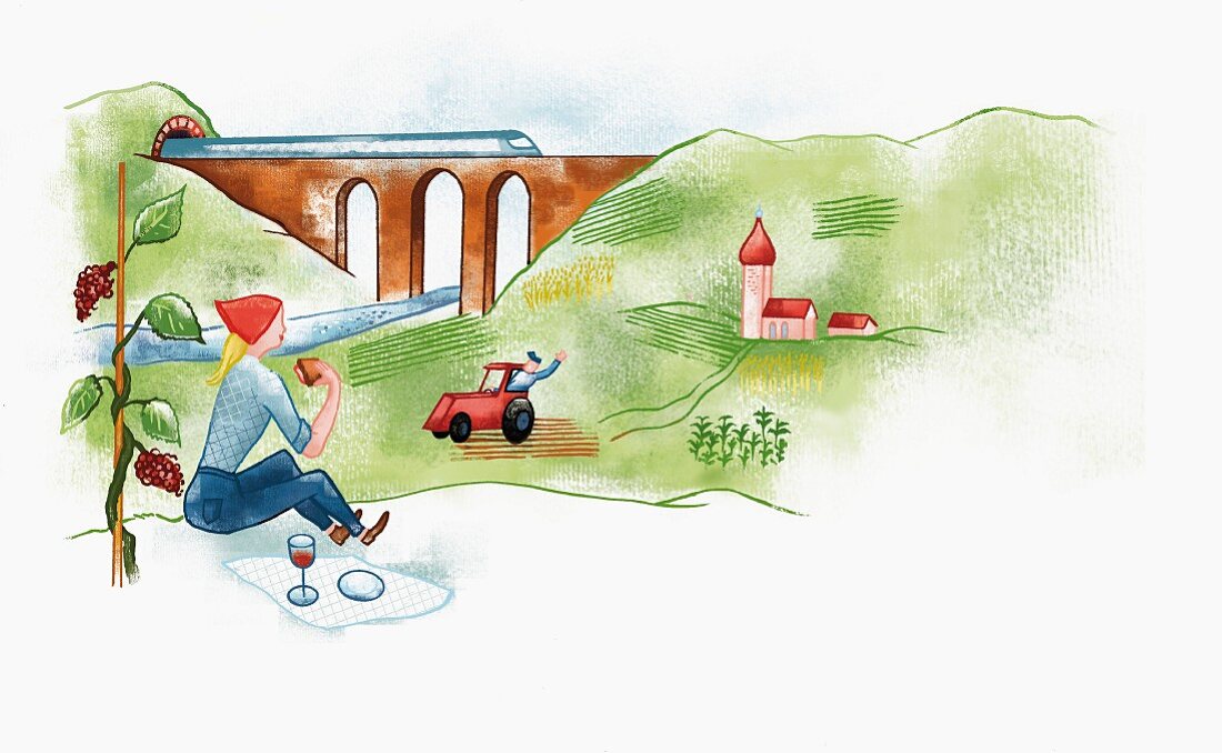Frau beim Picknick in grüner Landschaft mit Bauer auf Traktor und Eisenbahnbrücke (Illustration)