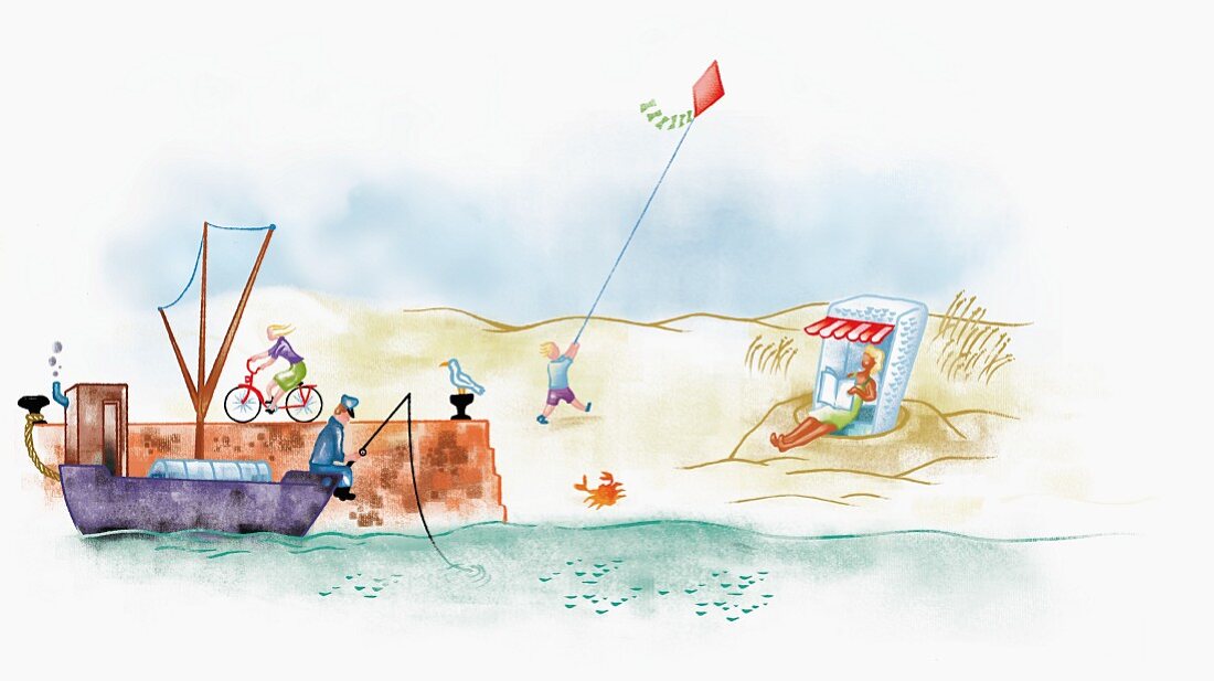 A view from the sea of a fishing boat and people on a beach (illustration)