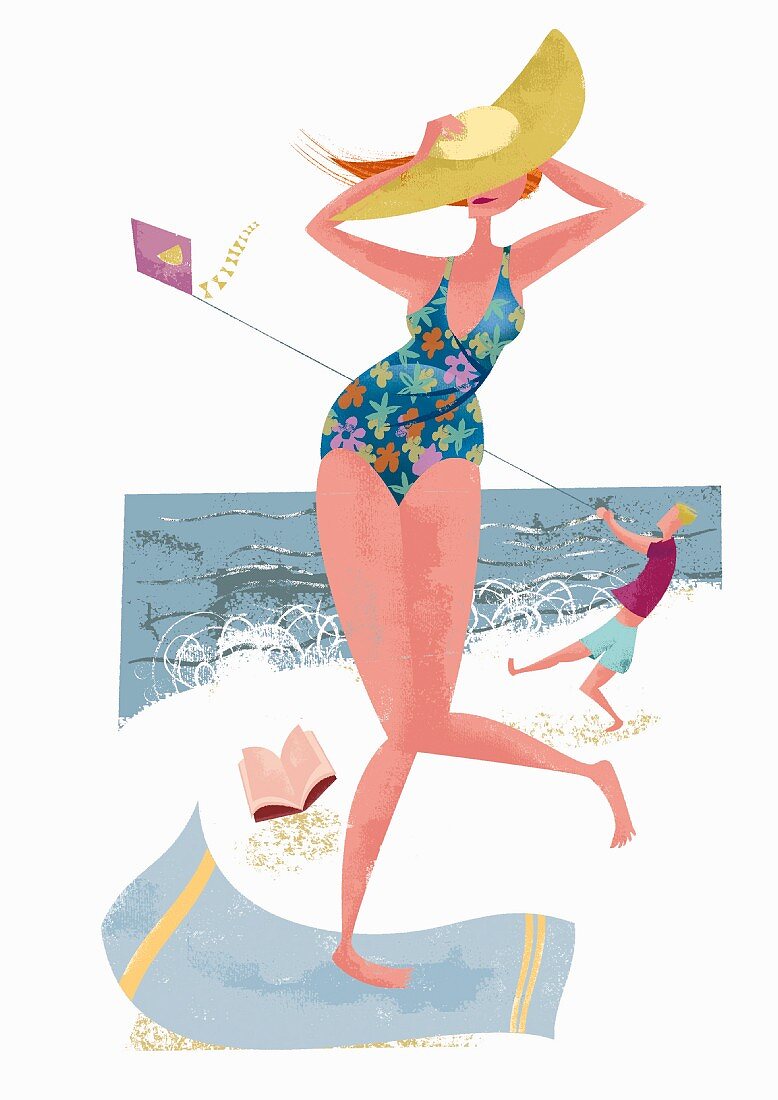 Frau am Strand hält Sonnenhut fest bei starkem Wind(Illustration)
