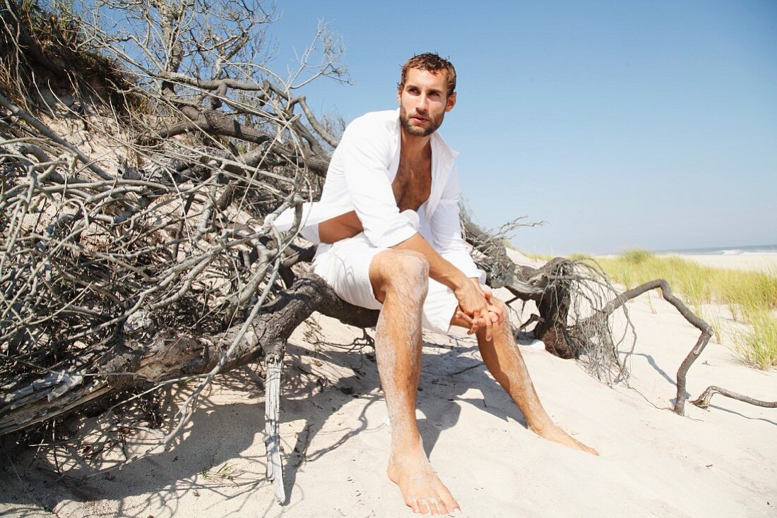 Junger Mann in geöffnetem Hemd und Shorts sitzt am Strand auf Treibholz