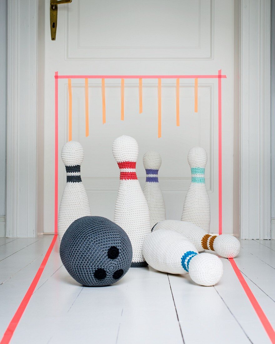Crocheted bowling pins and a ball