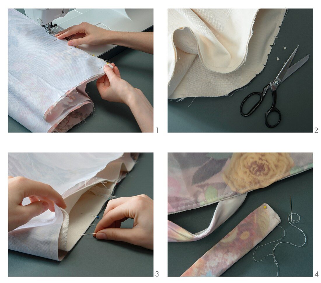 A laundry bag being made from floral-patterned fabric