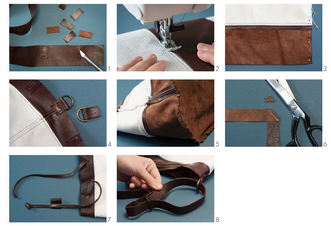 A small shoulder bag being sewn from leather and countless