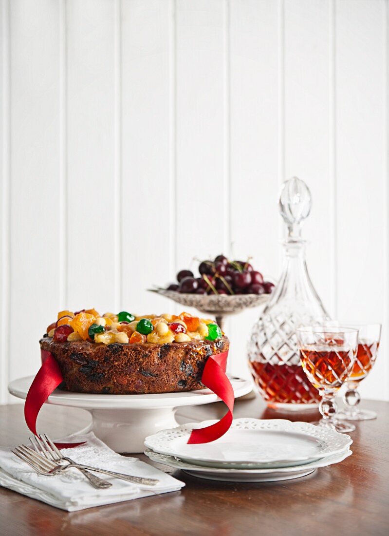 Glazed fruit Christmas cake with cherries and sherry