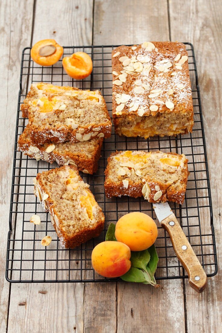 Slices of almond cake with apricots on a wire rack