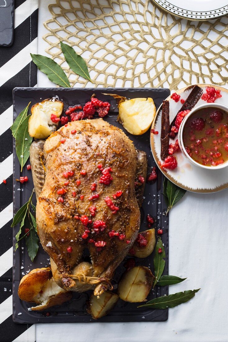 Roast duck with a spicy orange and raspberry sauce (seen from above)