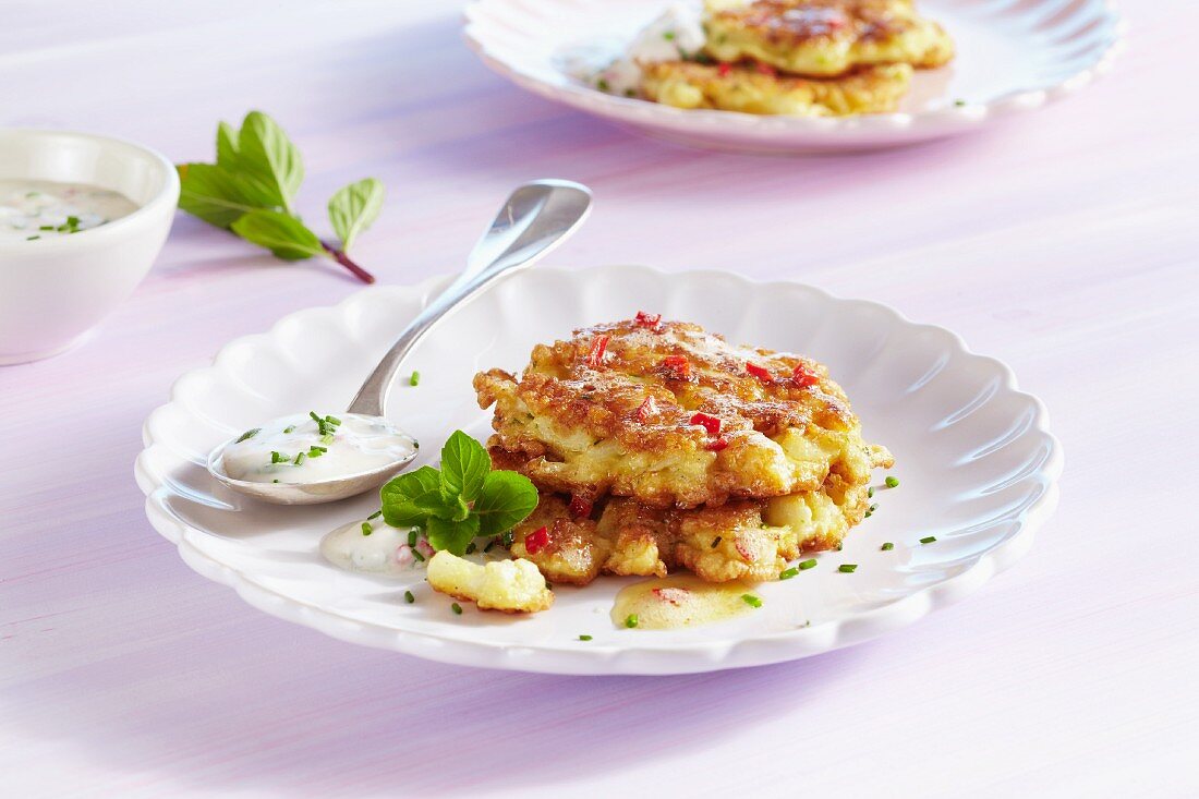 Cauliflower fritters with a spring onion dip