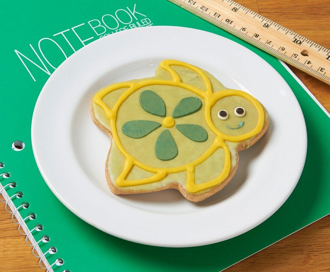 Mit Zuckerguss verzierter Keks in Schildkrötenform auf Notizblock