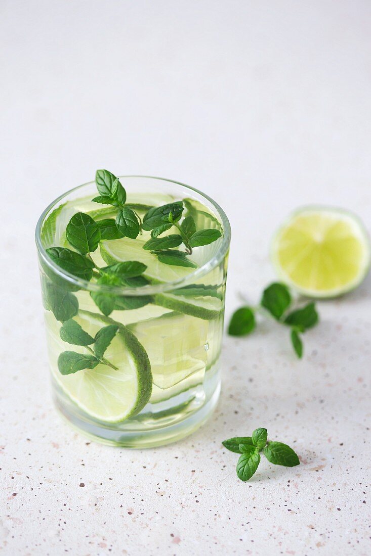 A mojito made with rum, limes, fresh mint and ice