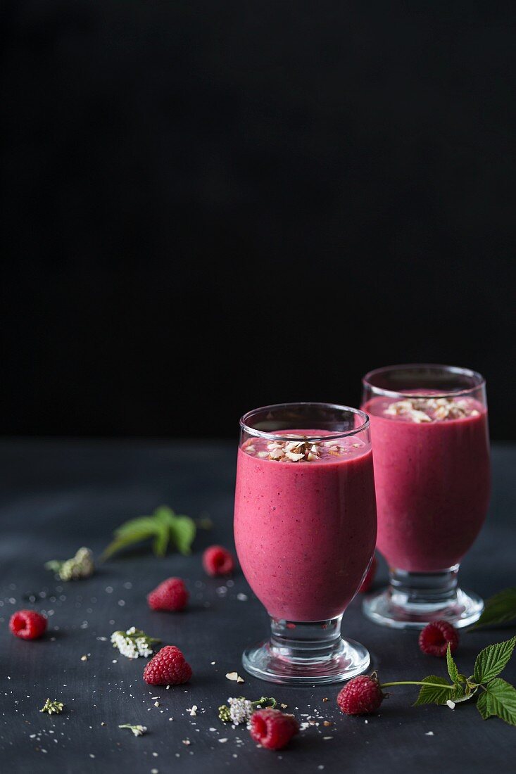 Raspberry smoothies in tall glasses