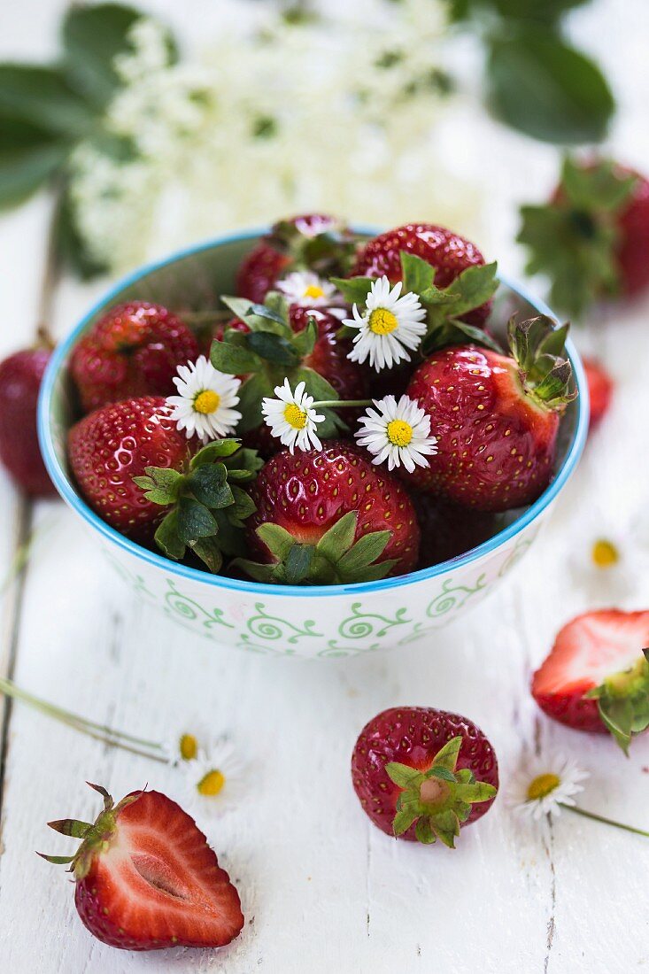 Frische Erdbeeren mit Gänseblümchen in einer Schüssel
