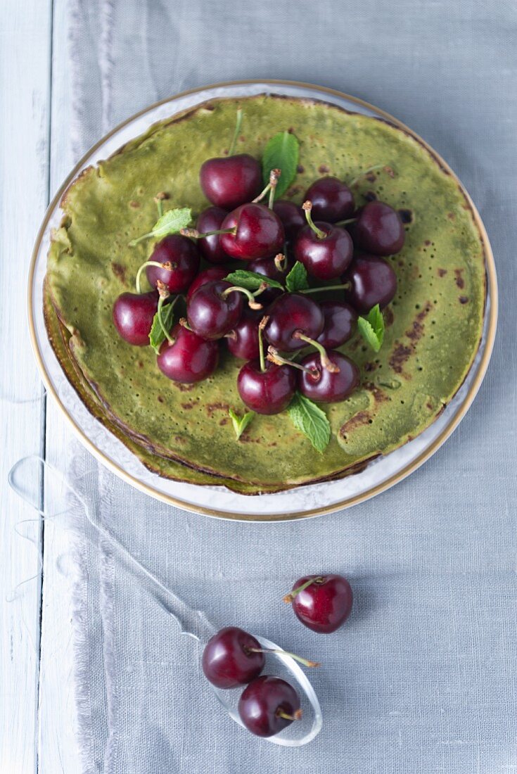 Matcha crepes with cherries