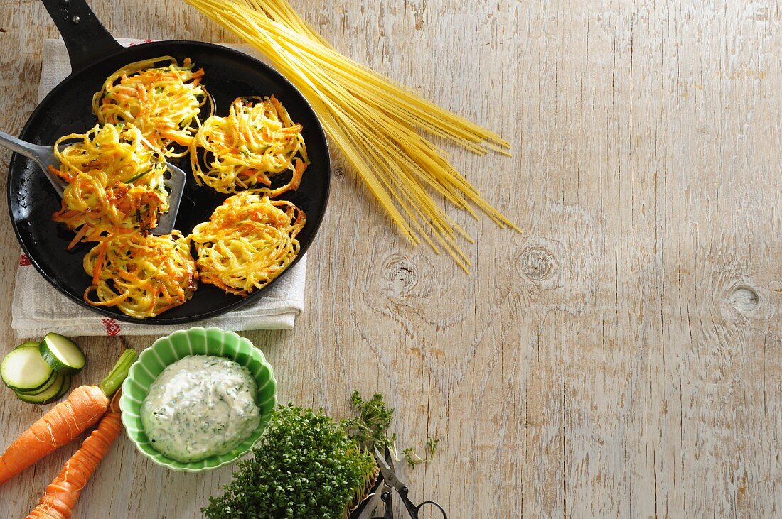 Pasta and vegetable fritters with ingredients