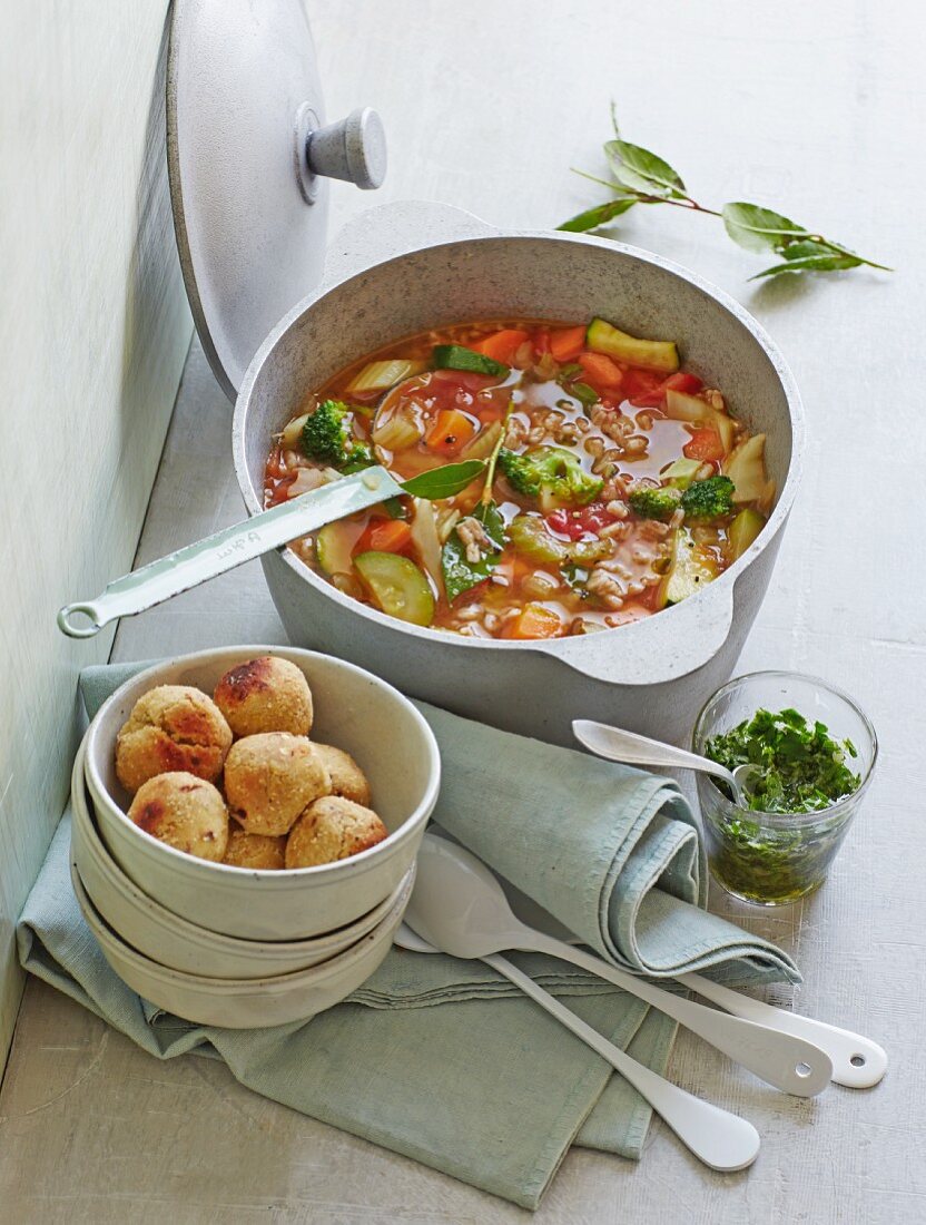 Spelt minestrone with bean dumplings