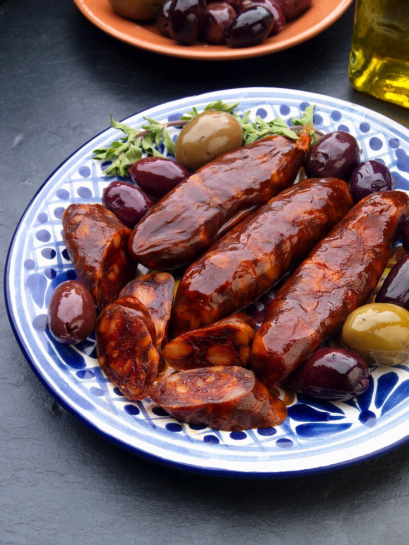 Chorizo with olive tapas (Spain)