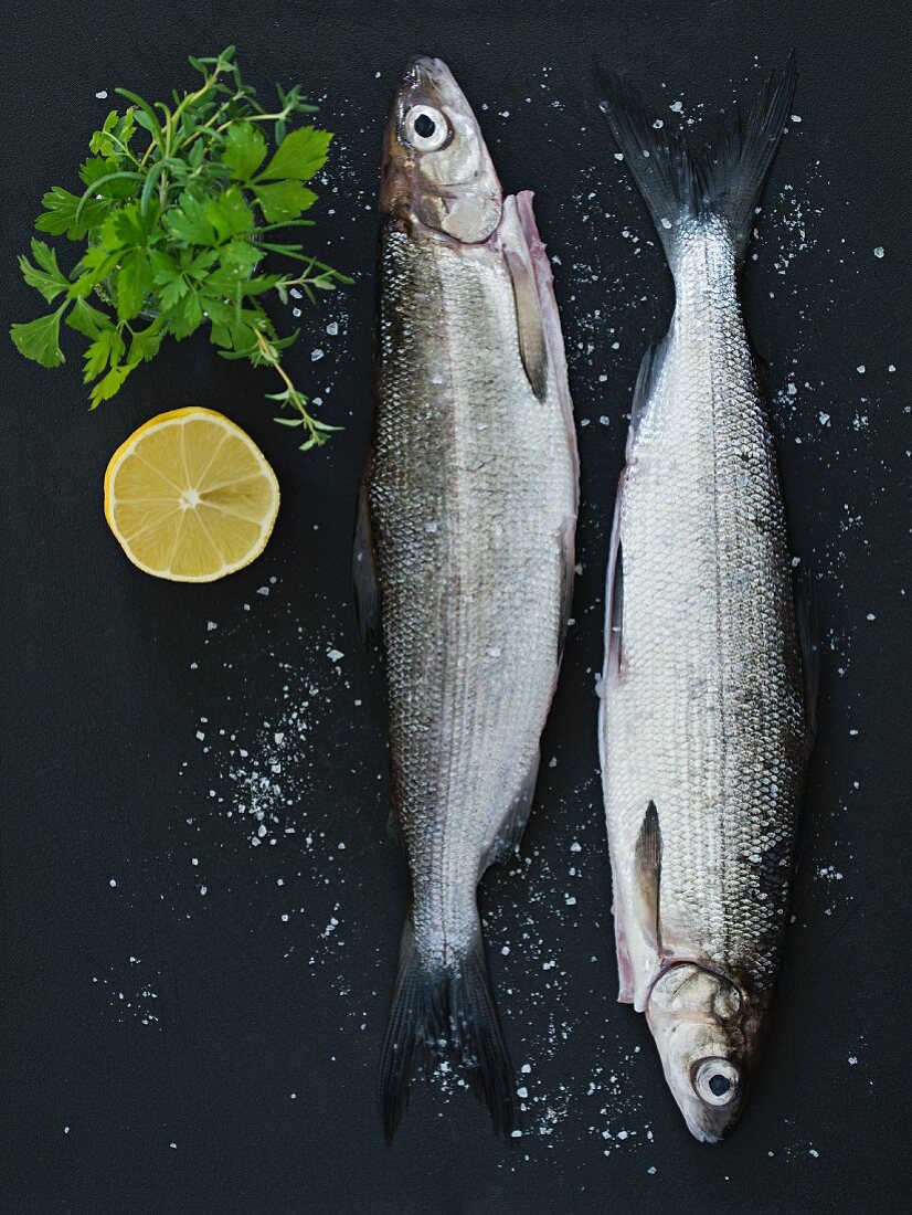 Two fresh fish with coarse salt, herbs and lemons on a dark surface