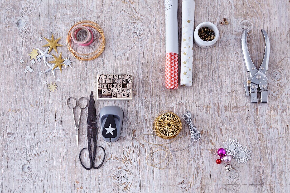 Various craft utensils for wrapping Christmas presents