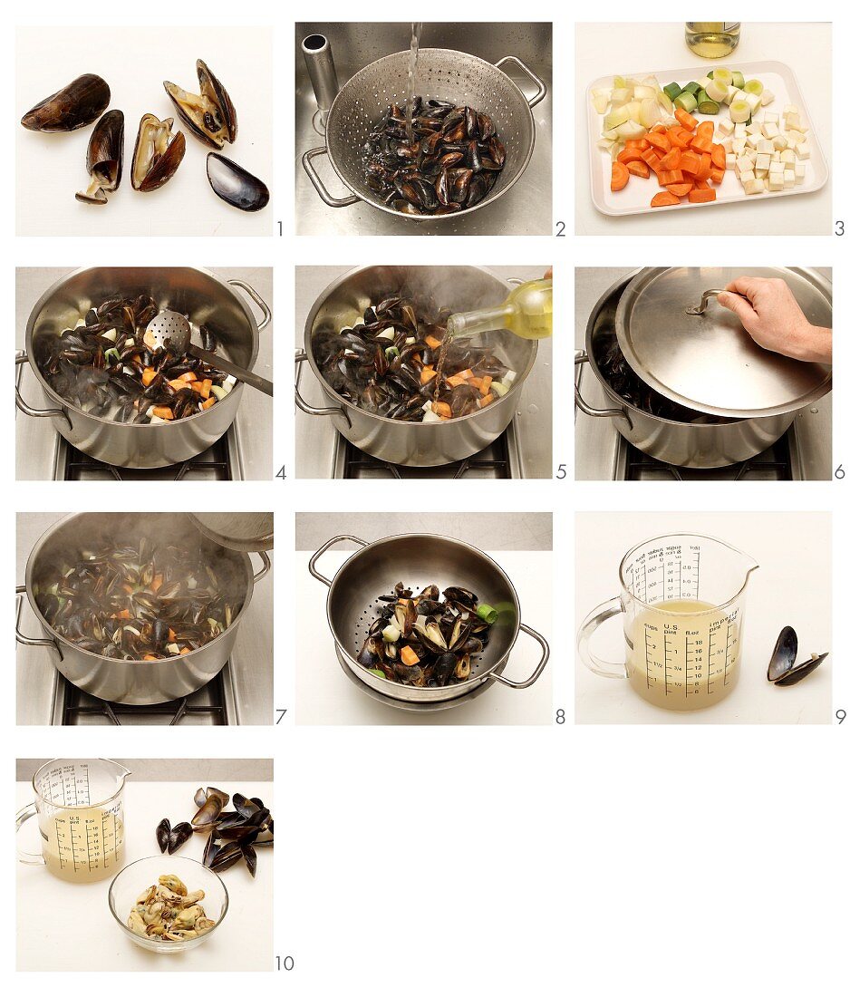 Preparing mussels in white wine