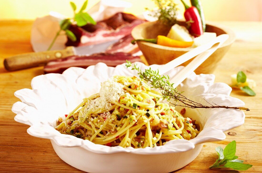 Zucchini-Speck-Spaghetti