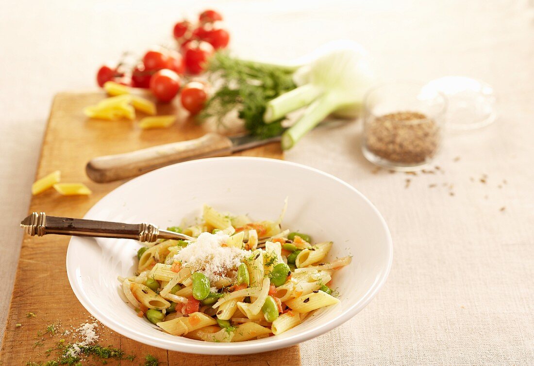 Pasta with fava beans, fennel and lardo