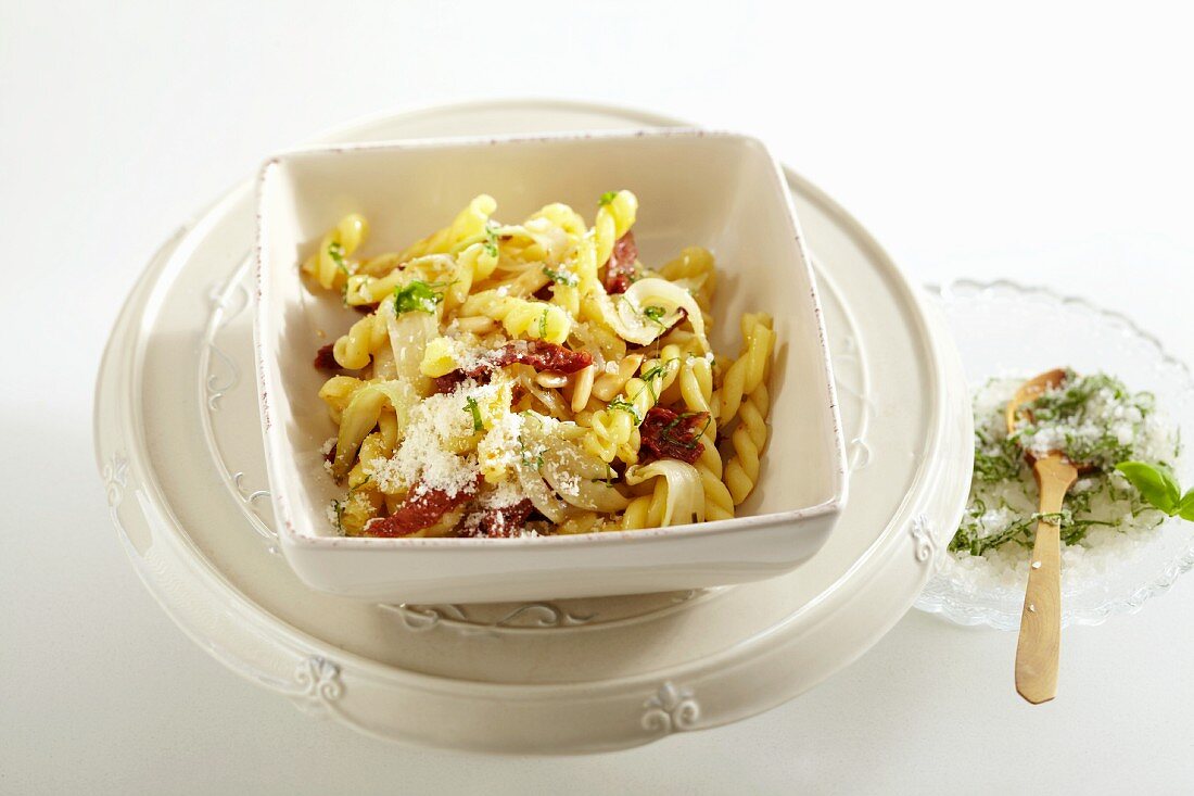 Gemelli with fennel, dried tomatoes and pine nuts
