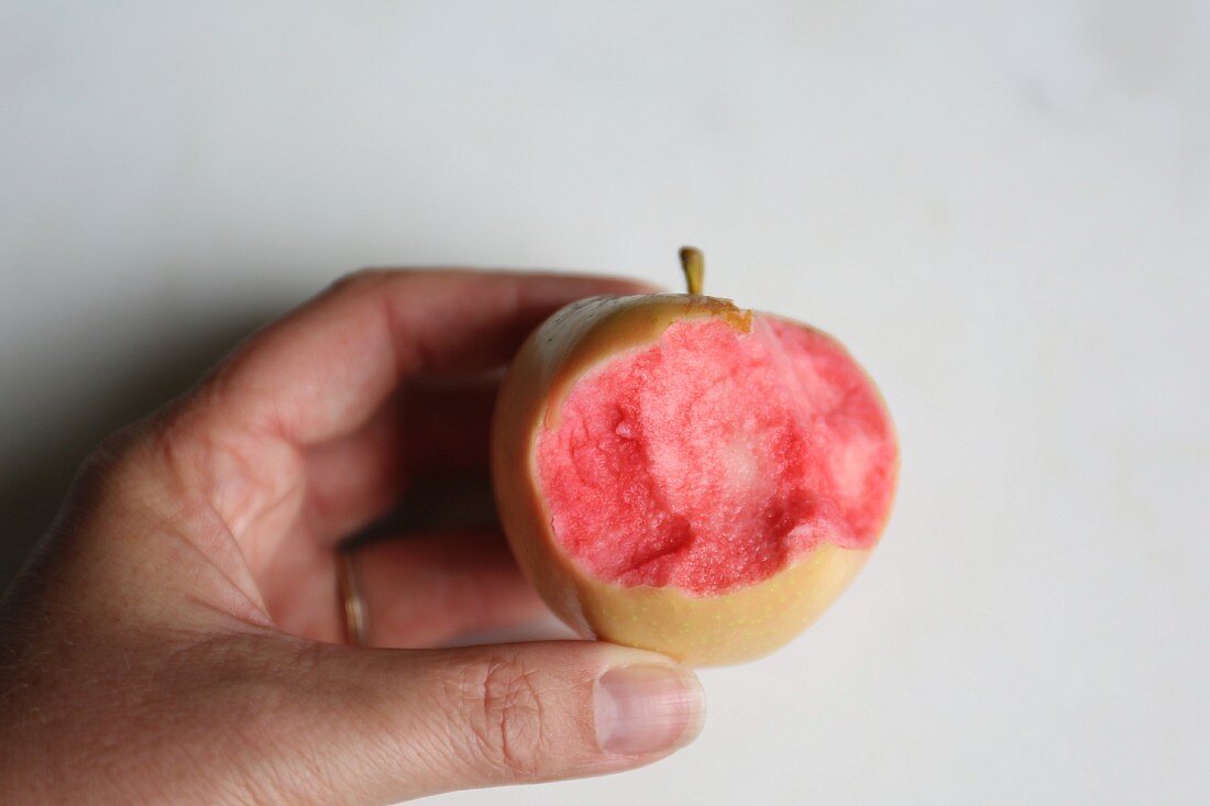Hand hält Pink Pearl Apfel (angebissen)