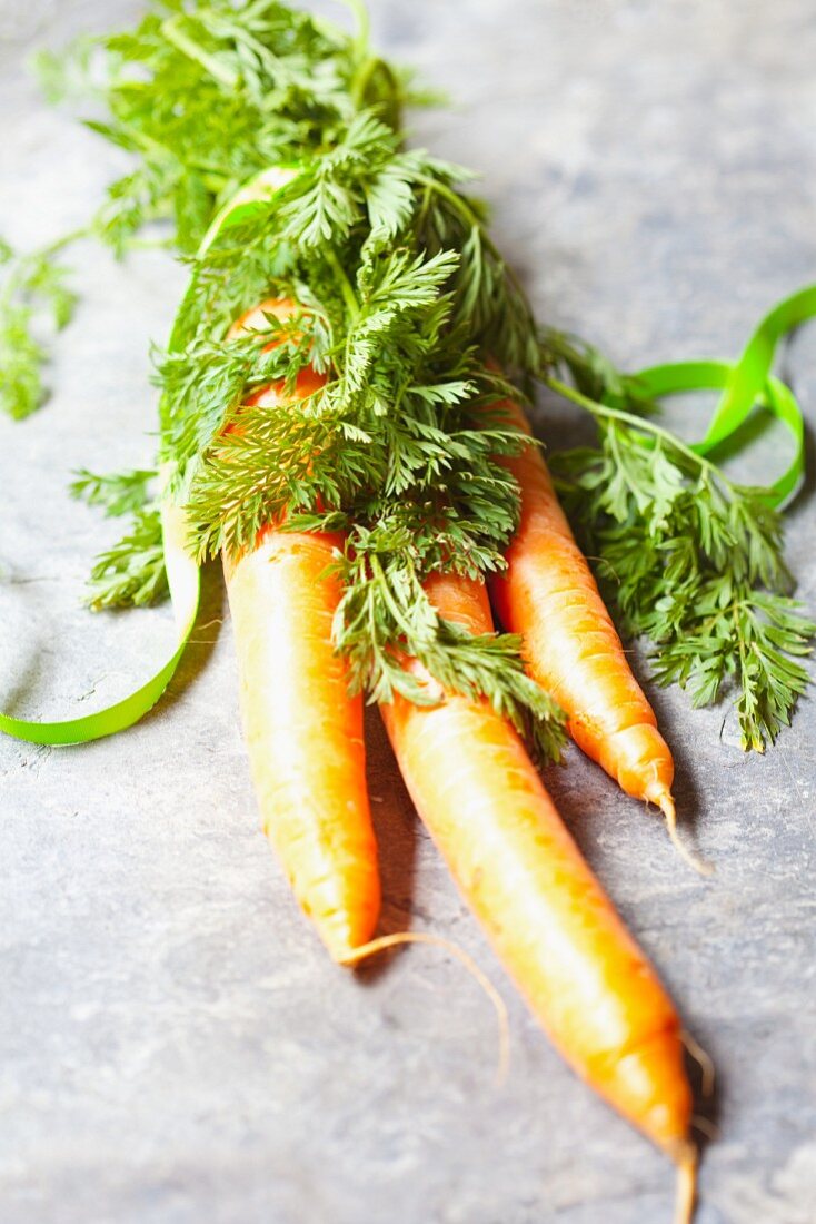 Three fresh carrots tied together at the leaves