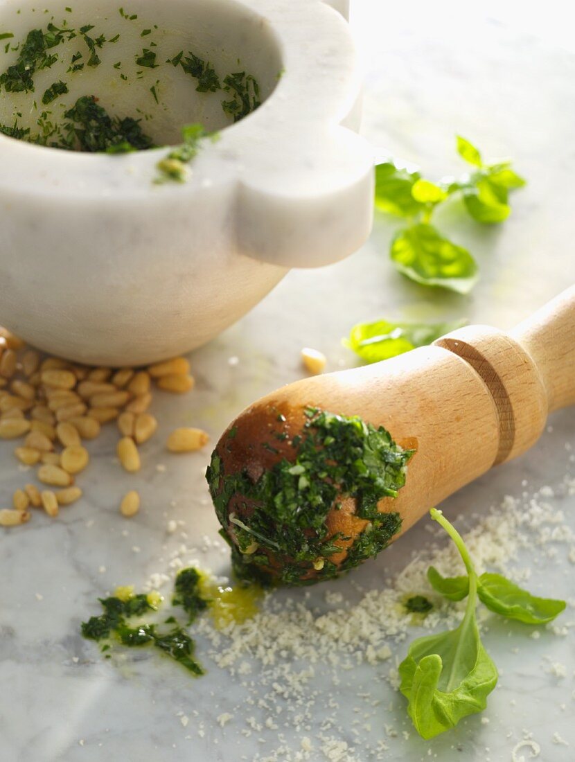 Basil pesto and ingredients