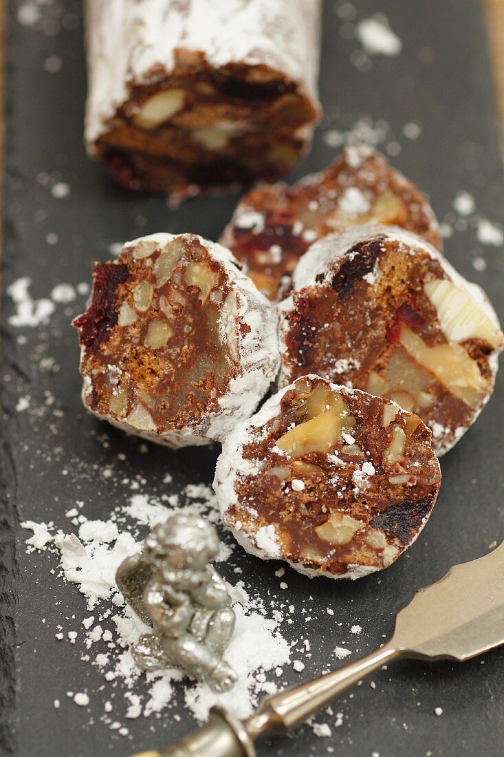 Chocolate salami with walnuts, cranberries and marshmallows