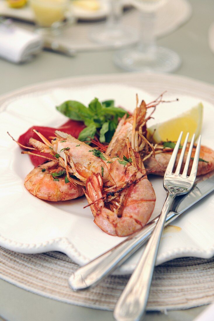 Grilled king prawns on a plate